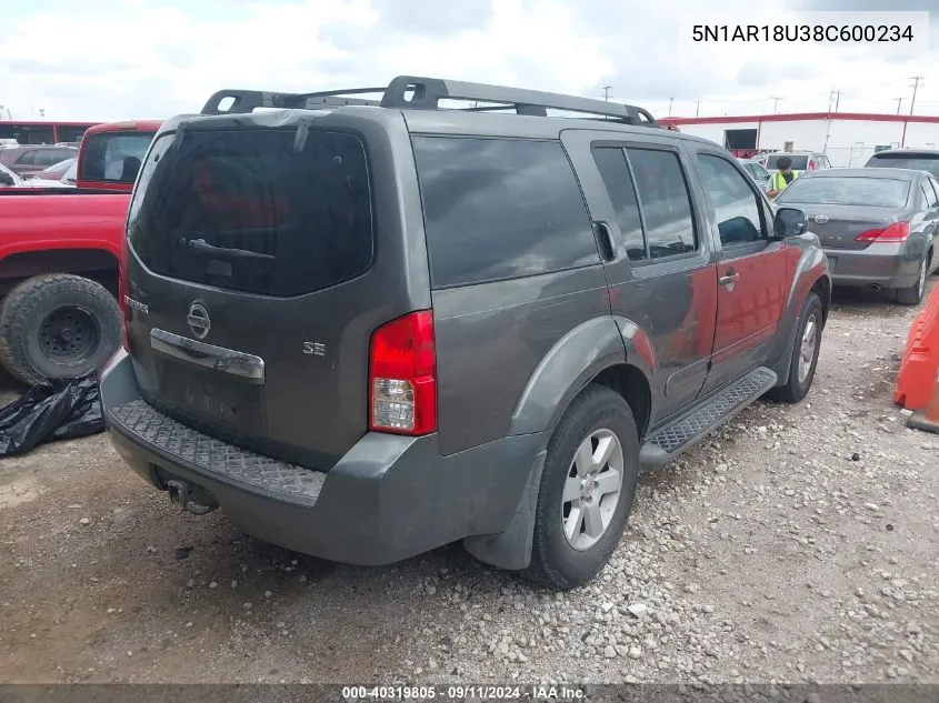 2008 Nissan Pathfinder Se VIN: 5N1AR18U38C600234 Lot: 40319805