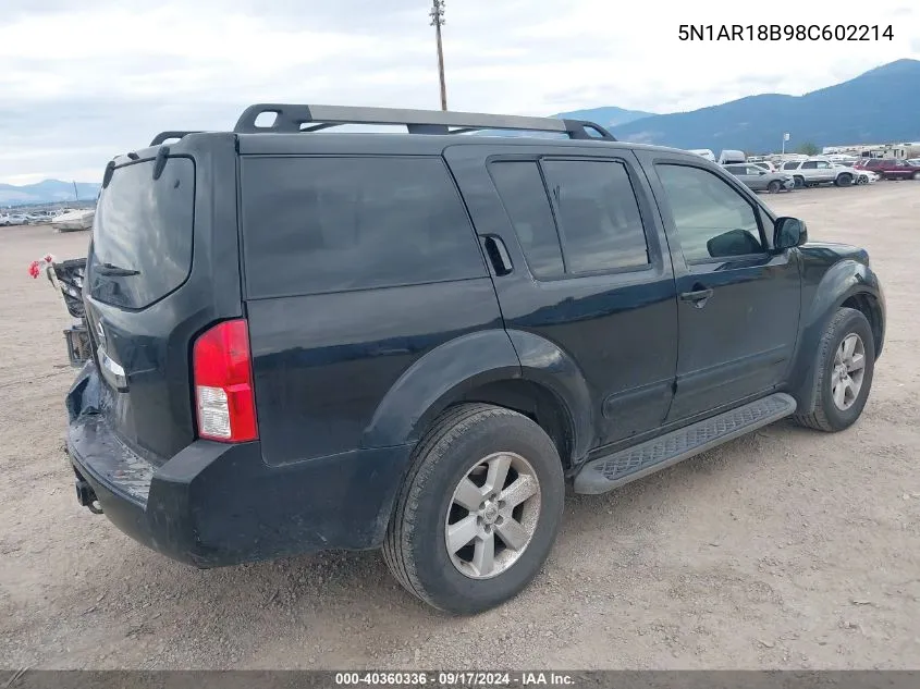 2008 Nissan Pathfinder Se VIN: 5N1AR18B98C602214 Lot: 40360336