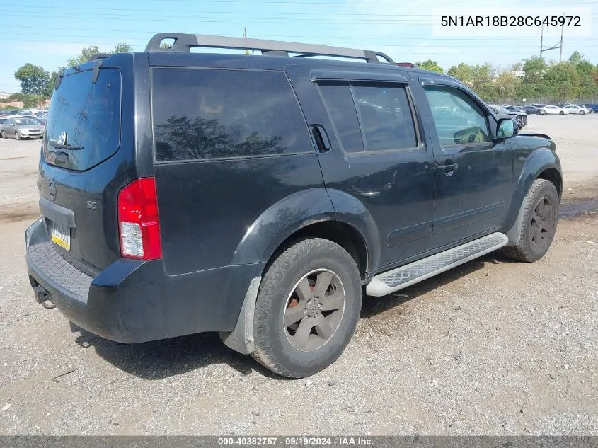 2008 Nissan Pathfinder Se VIN: 5N1AR18B28C645972 Lot: 40382757