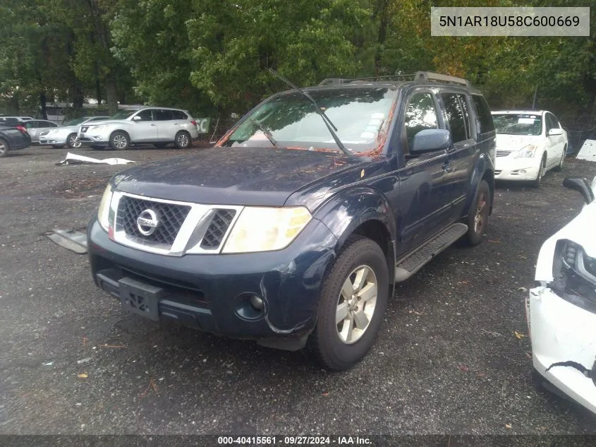 2008 Nissan Pathfinder Se VIN: 5N1AR18U58C600669 Lot: 40415561