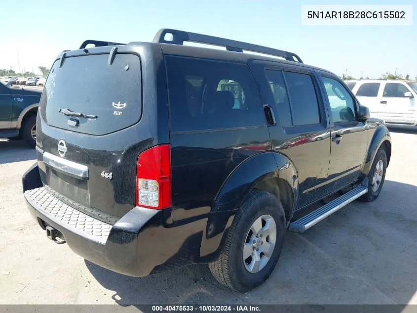 2008 Nissan Pathfinder S VIN: 5N1AR18B28C615502 Lot: 40475533