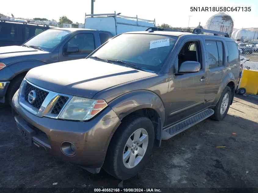 2008 Nissan Pathfinder Se VIN: 5N1AR18U58C647135 Lot: 40552168