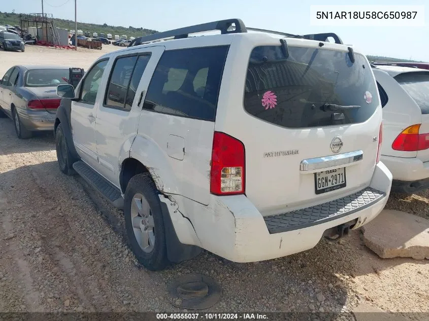 2008 Nissan Pathfinder Se VIN: 5N1AR18U58C650987 Lot: 40555037