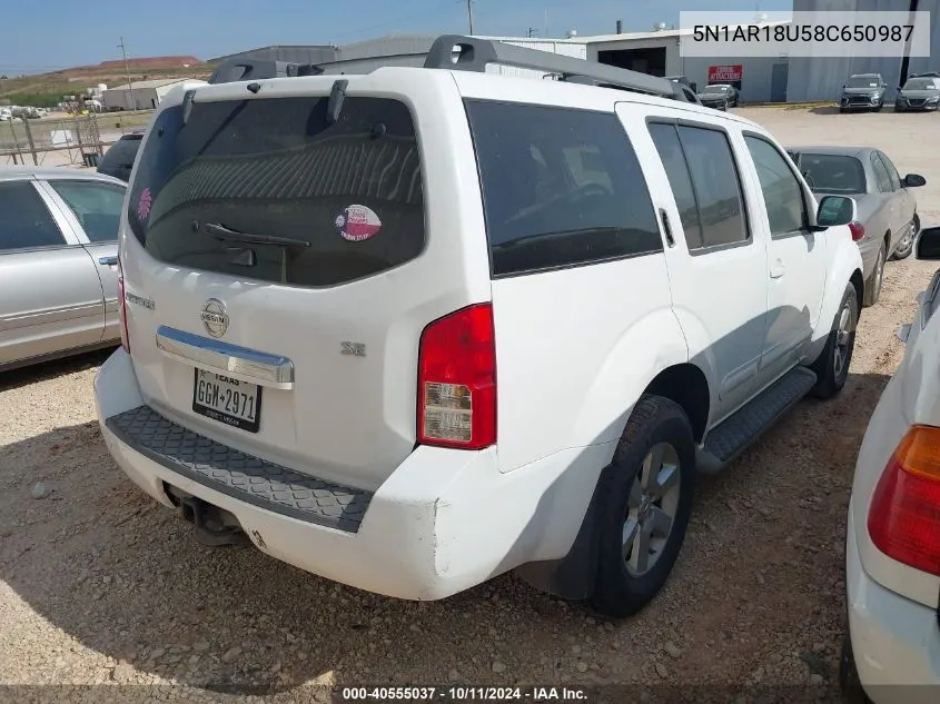 2008 Nissan Pathfinder Se VIN: 5N1AR18U58C650987 Lot: 40555037