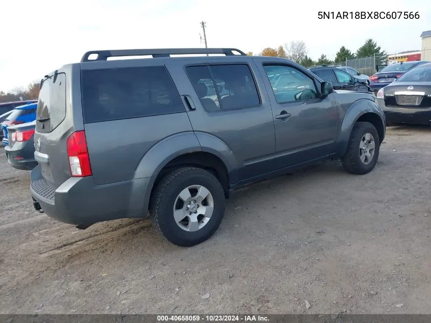 2008 Nissan Pathfinder S VIN: 5N1AR18BX8C607566 Lot: 40658059