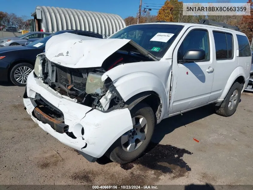 2008 Nissan Pathfinder S VIN: 5N1AR18BX8C663359 Lot: 40669156