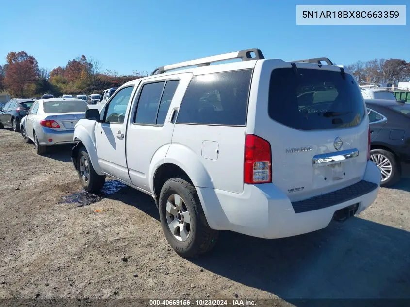 2008 Nissan Pathfinder S VIN: 5N1AR18BX8C663359 Lot: 40669156