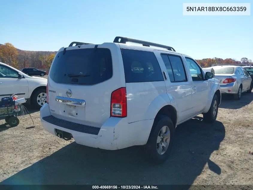 2008 Nissan Pathfinder S VIN: 5N1AR18BX8C663359 Lot: 40669156