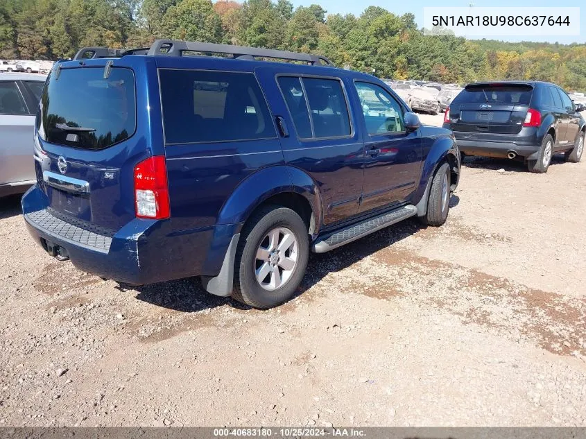 2008 Nissan Pathfinder Se VIN: 5N1AR18U98C637644 Lot: 40683180