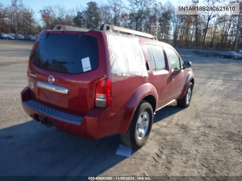 2008 Nissan Pathfinder S VIN: 5N1AR18B28C621610 Lot: 40693380