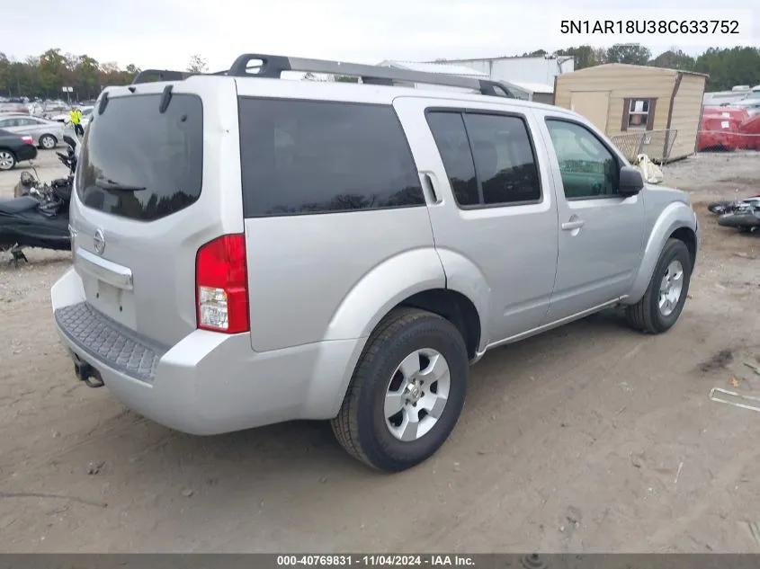 2008 Nissan Pathfinder S VIN: 5N1AR18U38C633752 Lot: 40769831