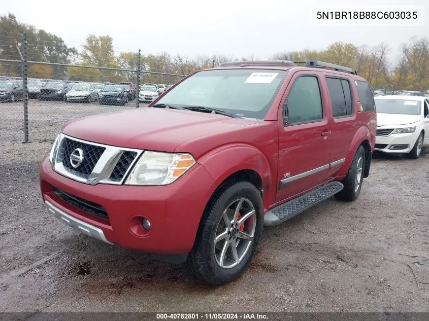 2008 Nissan Pathfinder Le V8 VIN: 5N1BR18B88C603035 Lot: 40782801