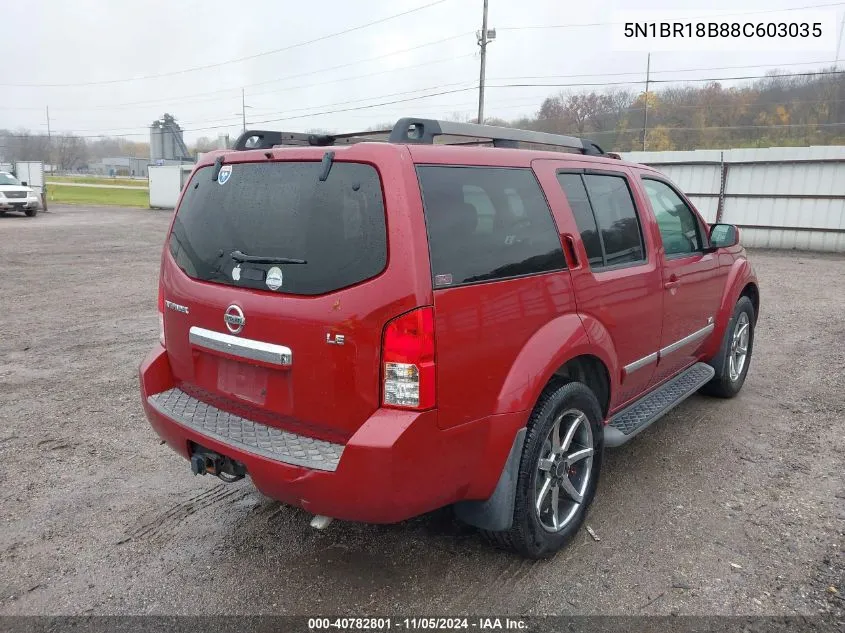 2008 Nissan Pathfinder Le V8 VIN: 5N1BR18B88C603035 Lot: 40782801