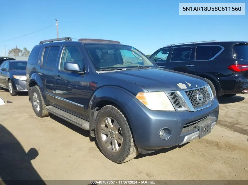 2008 Nissan Pathfinder Le VIN: 5N1AR18U58C611560 Lot: 40787357