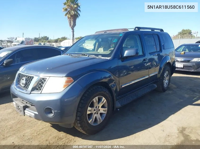 2008 Nissan Pathfinder Le VIN: 5N1AR18U58C611560 Lot: 40787357