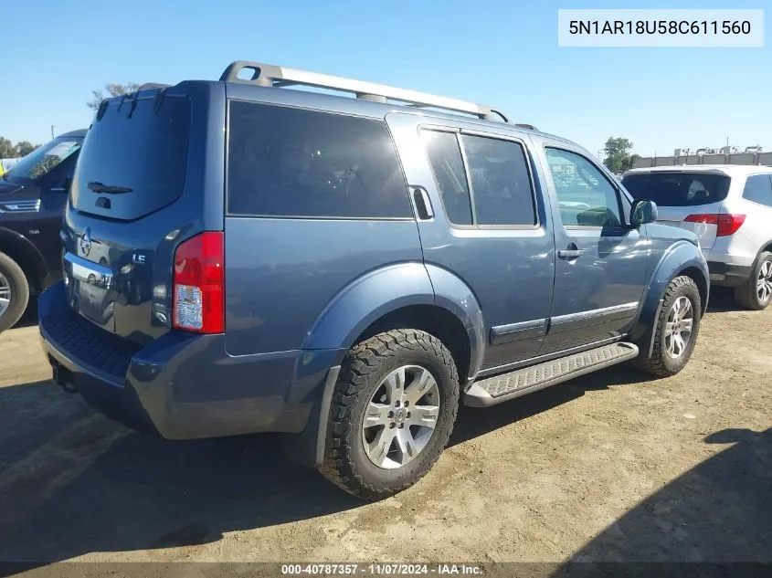 2008 Nissan Pathfinder Le VIN: 5N1AR18U58C611560 Lot: 40787357