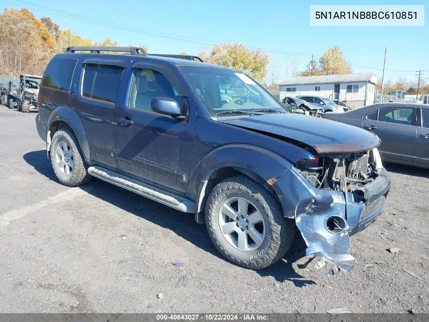 2011 Nissan Pathfinder Sv VIN: 5N1AR1NB8BC610851 Lot: 40643027