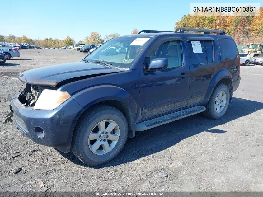 2011 Nissan Pathfinder Sv VIN: 5N1AR1NB8BC610851 Lot: 40643027