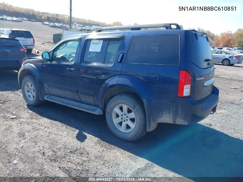 2011 Nissan Pathfinder Sv VIN: 5N1AR1NB8BC610851 Lot: 40643027