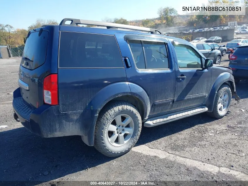 2011 Nissan Pathfinder Sv VIN: 5N1AR1NB8BC610851 Lot: 40643027