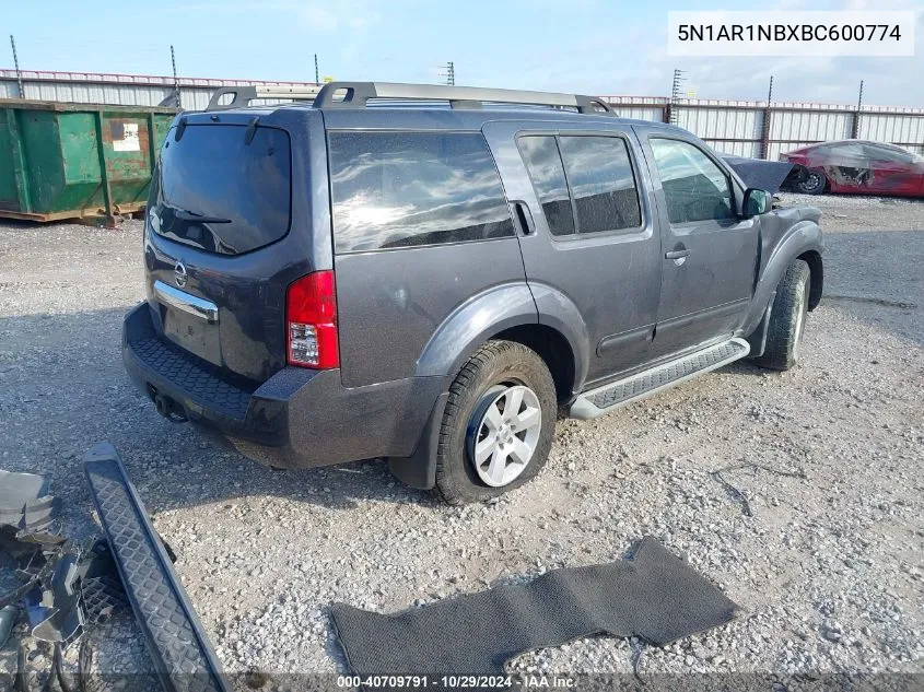 2011 Nissan Pathfinder Sv VIN: 5N1AR1NBXBC600774 Lot: 40709791