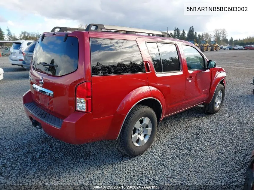 2011 Nissan Pathfinder S VIN: 5N1AR1NB5BC603002 Lot: 40725820