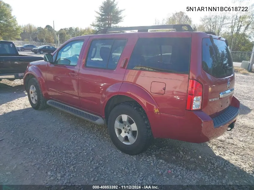 2011 Nissan Pathfinder S VIN: 5N1AR1NN1BC618722 Lot: 40853392