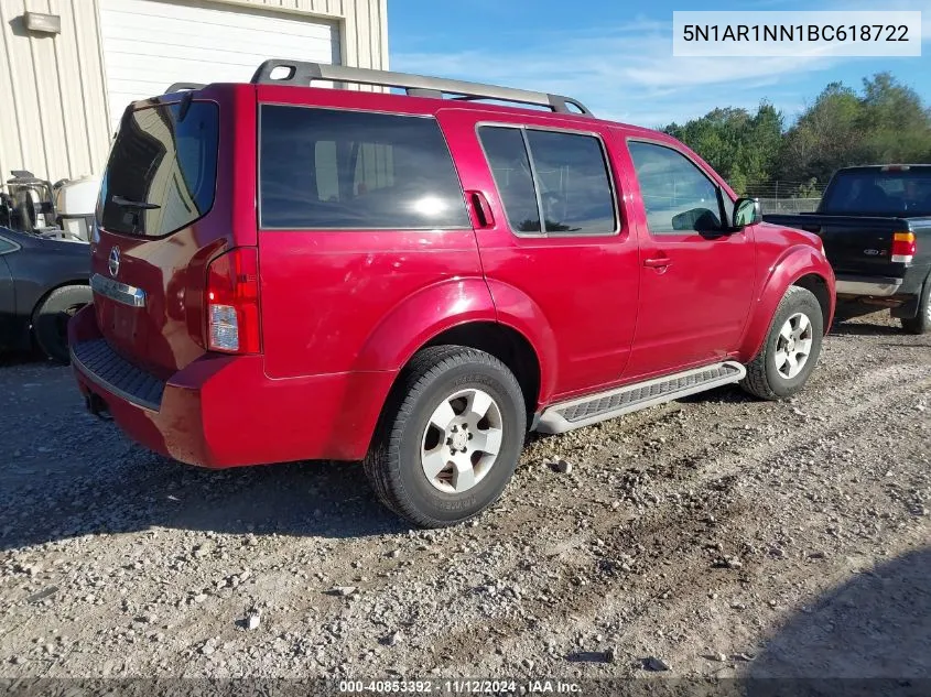 2011 Nissan Pathfinder S VIN: 5N1AR1NN1BC618722 Lot: 40853392