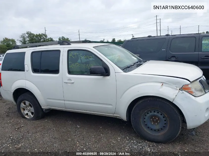 2012 Nissan Pathfinder S VIN: 5N1AR1NBXCC640600 Lot: 40399925