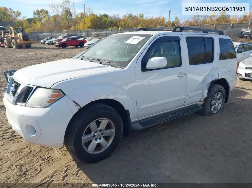 2012 Nissan Pathfinder Sv VIN: 5N1AR1NB2CC611981 Lot: 40689045