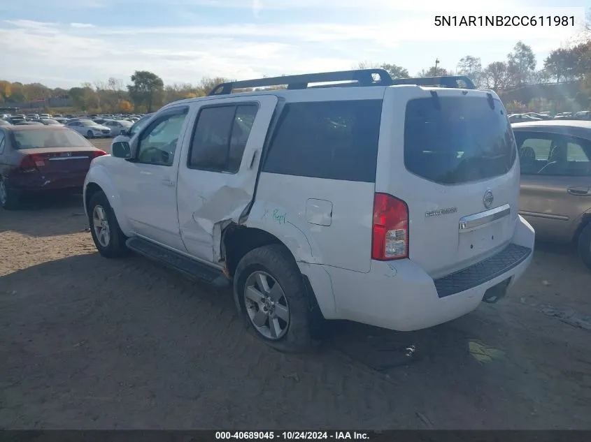 2012 Nissan Pathfinder Sv VIN: 5N1AR1NB2CC611981 Lot: 40689045