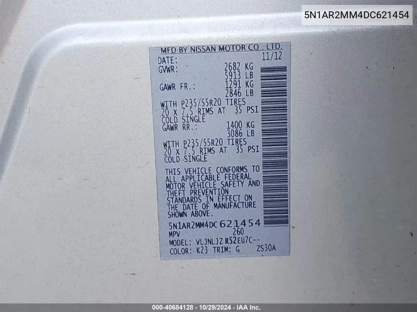 5N1AR2MM4DC621454 2013 Nissan Pathfinder Platinum