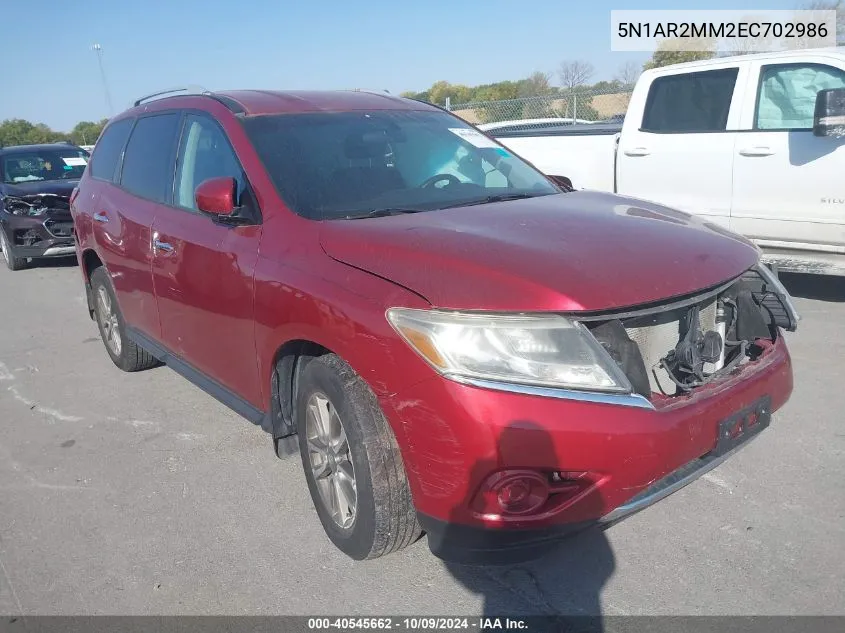 2014 Nissan Pathfinder S/Sv/Sl/Platinum VIN: 5N1AR2MM2EC702986 Lot: 40545662