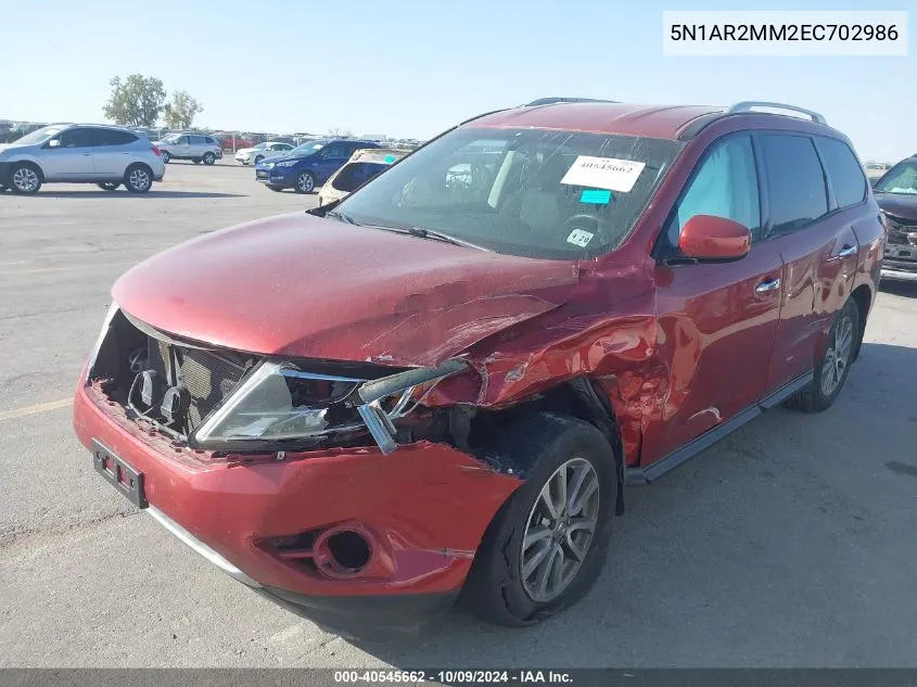 2014 Nissan Pathfinder S/Sv/Sl/Platinum VIN: 5N1AR2MM2EC702986 Lot: 40545662