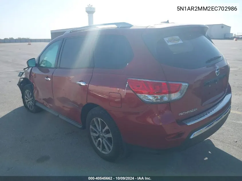 2014 Nissan Pathfinder S/Sv/Sl/Platinum VIN: 5N1AR2MM2EC702986 Lot: 40545662