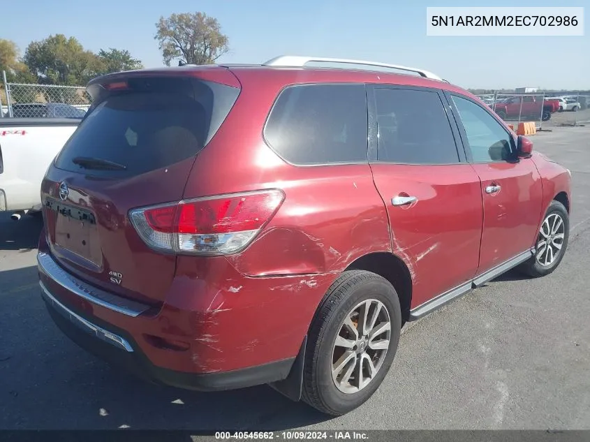 2014 Nissan Pathfinder S/Sv/Sl/Platinum VIN: 5N1AR2MM2EC702986 Lot: 40545662