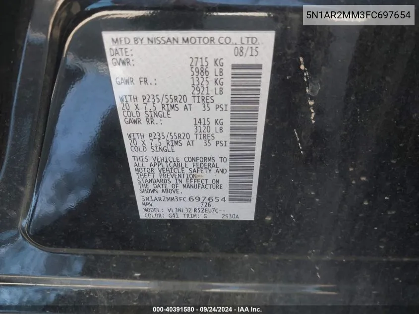 5N1AR2MM3FC697654 2015 Nissan Pathfinder S/Sv/Sl/Platinum