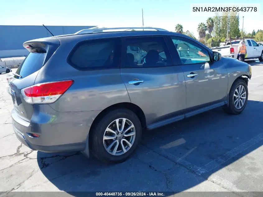 2015 Nissan Pathfinder S/Sv/Sl/Platinum VIN: 5N1AR2MN3FC643778 Lot: 40448735