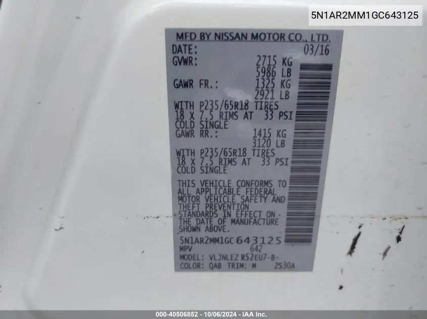 5N1AR2MM1GC643125 2016 Nissan Pathfinder S/Sv/Sl/Platinum