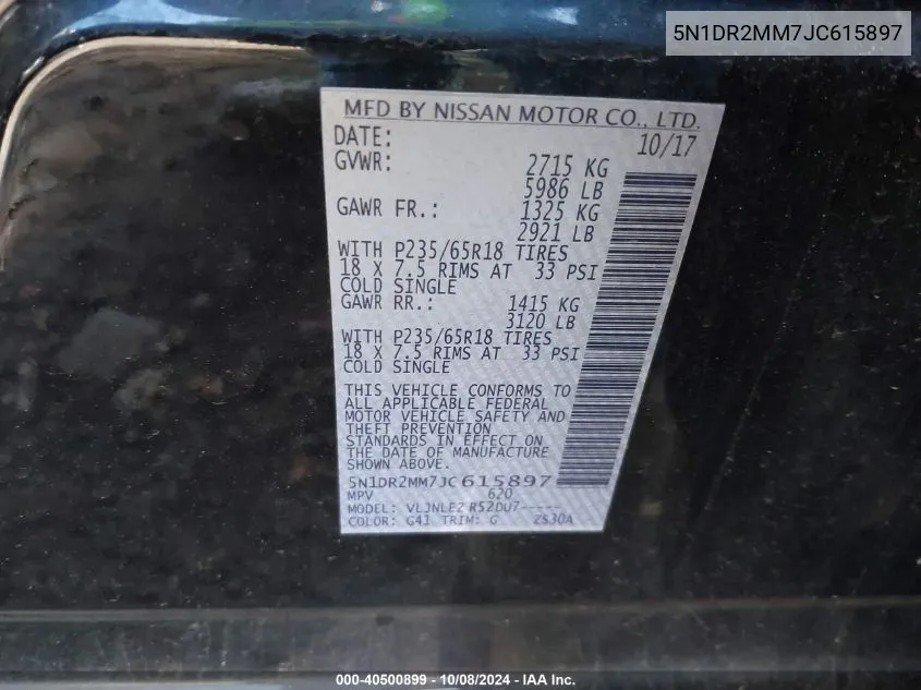 5N1DR2MM7JC615897 2018 Nissan Pathfinder S/Sv/Sl/Platinum