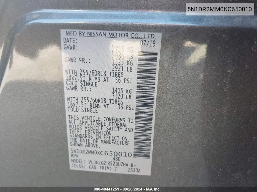 5N1DR2MM0KC650010 2019 Nissan Pathfinder S/Sl/Sv/Platinum