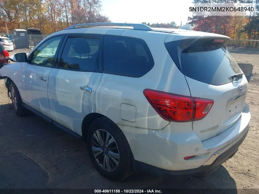 2019 Nissan Pathfinder S VIN: 5N1DR2MM2KC648940 Lot: 40611158