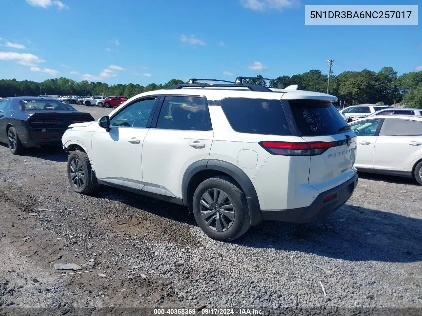 2022 Nissan Pathfinder Sv 2Wd VIN: 5N1DR3BA6NC257017 Lot: 40358369