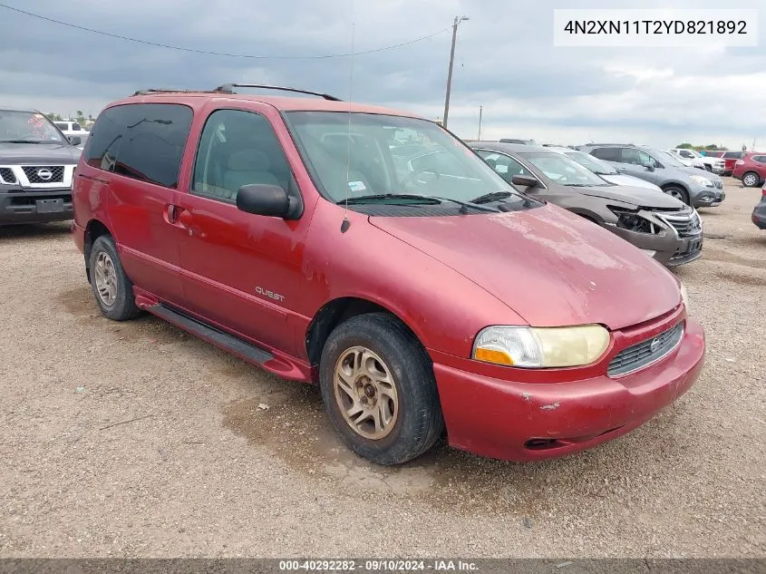 2000 Nissan Quest Gle/Gxe/Se/Se-Cloth VIN: 4N2XN11T2YD821892 Lot: 40292282