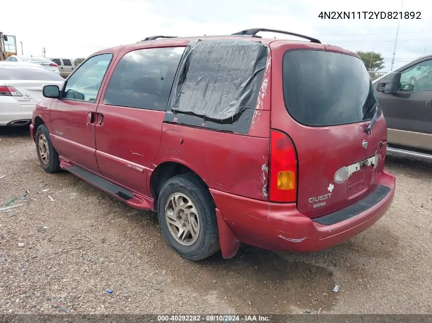 2000 Nissan Quest Gle/Gxe/Se/Se-Cloth VIN: 4N2XN11T2YD821892 Lot: 40292282