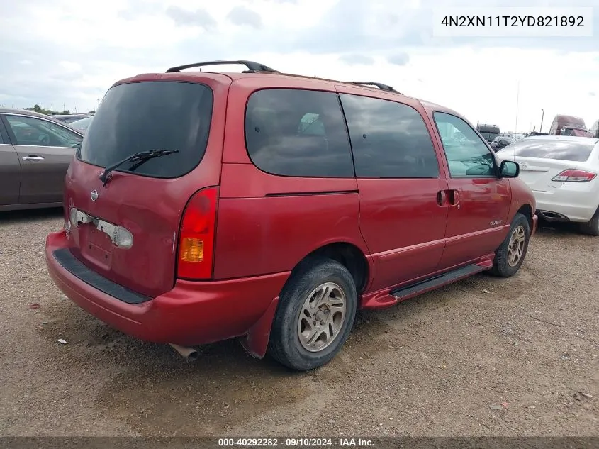 2000 Nissan Quest Gle/Gxe/Se/Se-Cloth VIN: 4N2XN11T2YD821892 Lot: 40292282