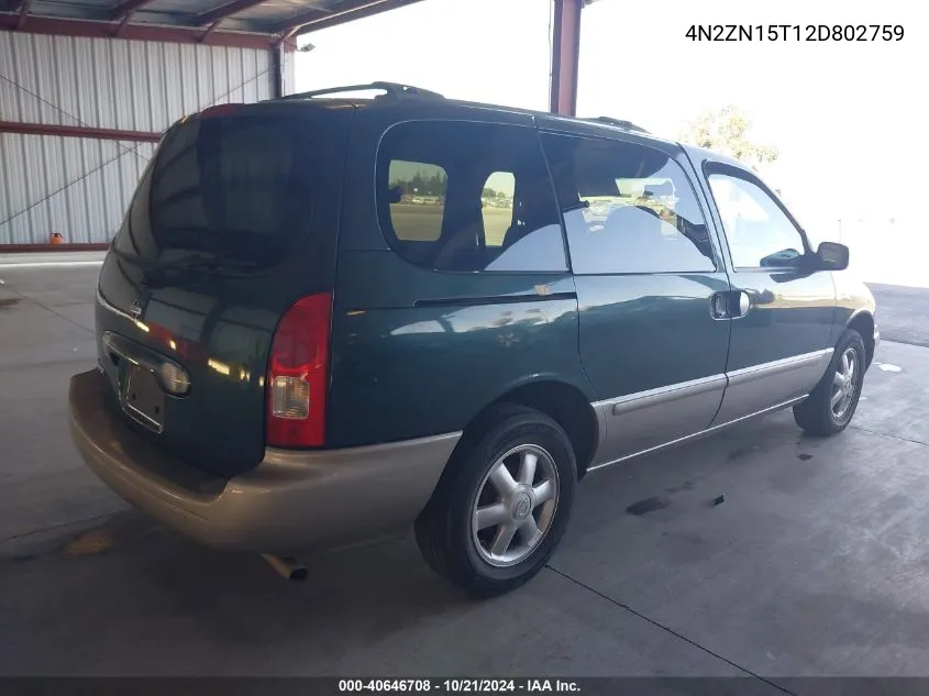 2002 Nissan Quest Gxe VIN: 4N2ZN15T12D802759 Lot: 40646708