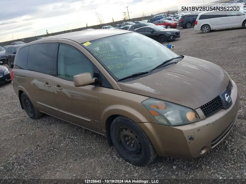 2004 Nissan Quest 3.5 S VIN: 5N1BV28U54N362200 Lot: 12125643