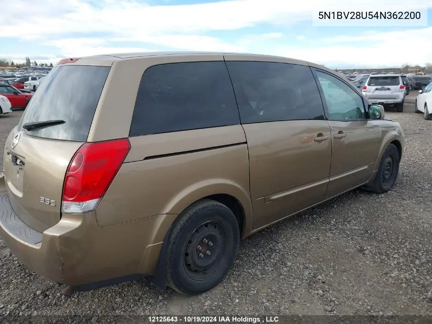 2004 Nissan Quest 3.5 S VIN: 5N1BV28U54N362200 Lot: 12125643