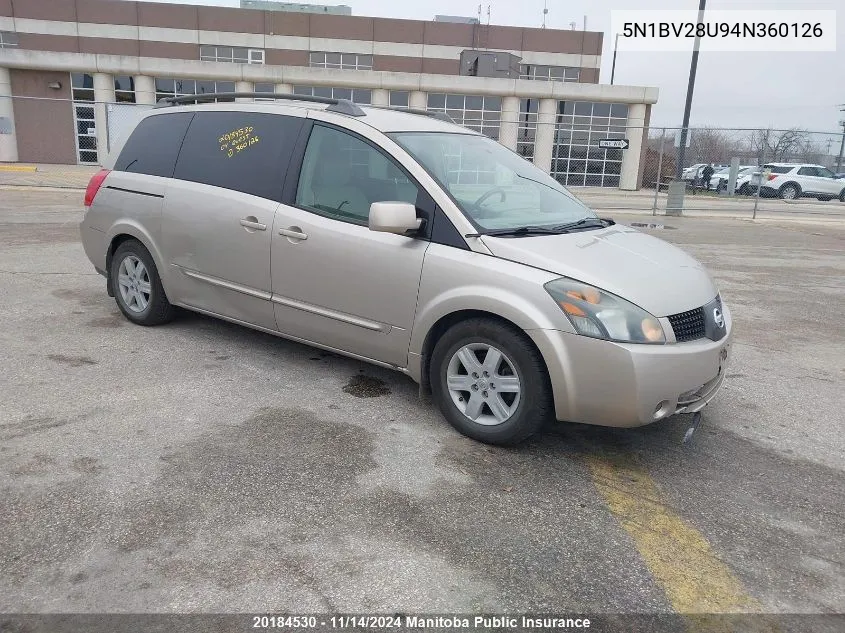 2004 Nissan Quest 3.5 Sl VIN: 5N1BV28U94N360126 Lot: 20184530